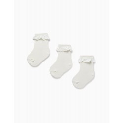 PACK 3 PAIRS OF SOCKS WITH ENGLISH EMBROIDERY FOR BABY GIRL, WHITE