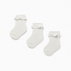 PACK 3 PAIRS OF SOCKS WITH ENGLISH EMBROIDERY FOR BABY GIRL, WHITE