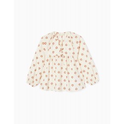 GIRL'S PATTERNED COTTON BLOUSE, BEIGE/DARK RED