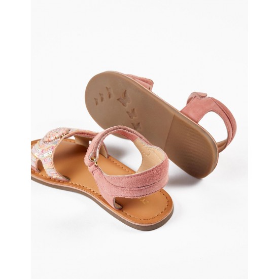LEATHER SANDALS WITH BEADS AND SEQUINS FOR BABY & GIRL, PINK