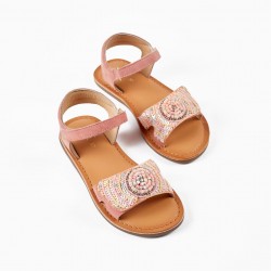 LEATHER SANDALS WITH BEADS AND SEQUINS FOR BABY & GIRL, PINK