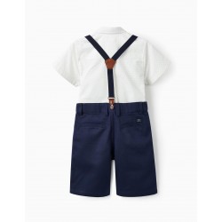 SHORT SLEEVE SHIRT + SHORTS WITH SUSPENDERS FOR BOYS, WHITE/BLUE
