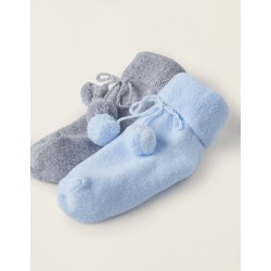 PACK 2 PAIRS OF SOCKS WITH POMPOMS FOR NEWBORNS, BLUE/GREY