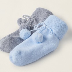 PACK 2 PAIRS OF SOCKS WITH POMPOMS FOR NEWBORNS, BLUE/GREY