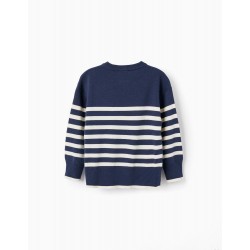 STRIPED KNITTED SWEATER FOR BOYS, DARK BLUE/WHITE