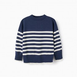 STRIPED KNITTED SWEATER FOR BOYS, DARK BLUE/WHITE