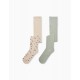 PACK 2 GIRLS' KNITTED TIGHTS 'FLOWERS', GREEN/BEIGE