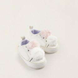 SNEAKERS WITH POMPOMS FOR NEWBORNS, WHITE/PINK