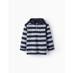 STRIPED HOODED POLO SHIRT IN COTTON PIQUÉ FOR BOYS, BLUE