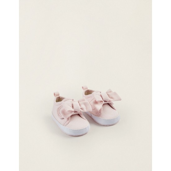 FABRIC & LEATHER SNEAKERS WITH BOW FOR NEWBORN, LIGHT PINK