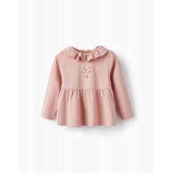 BABY GIRL RUFFLED COTTON JERSEY T-SHIRT 'FLOWERS', LILAC