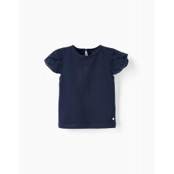 SHORT SLEEVE T-SHIRT WITH ENGLISH EMBROIDERY FOR BABY GIRL, DARK BLUE