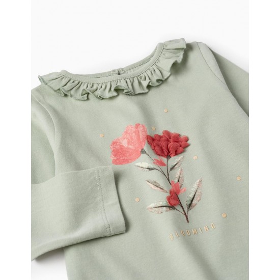 T-SHIRT WITH 3D PETALS AND RUFFLE FOR BABY GIRL, LIGHT GREEN