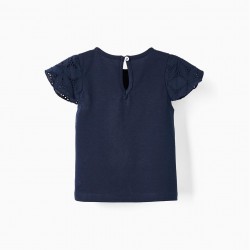 SHORT SLEEVE T-SHIRT WITH ENGLISH EMBROIDERY FOR BABY GIRL, DARK BLUE