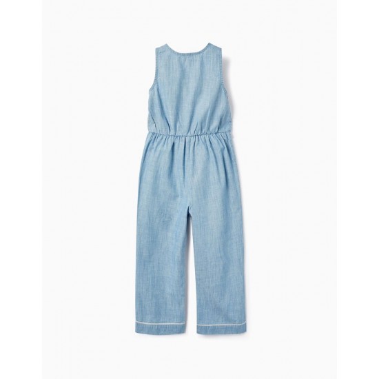 COTTON DENIM JUMPSUIT WITH EMBROIDERY FOR GIRL, BLUE