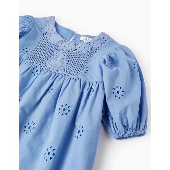 COTTON DRESS WITH ENGLISH EMBROIDERY FOR GIRL, BLUE