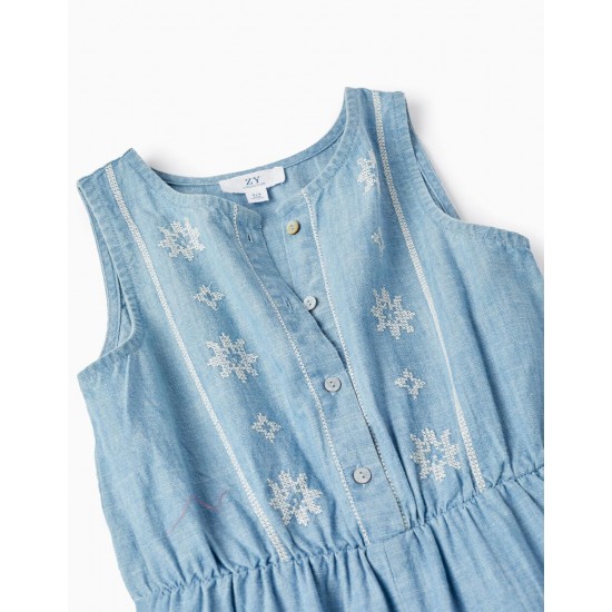 COTTON DENIM JUMPSUIT WITH EMBROIDERY FOR GIRL, BLUE