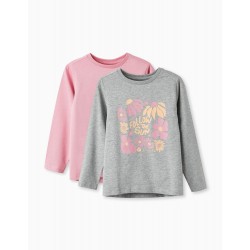PACK OF 2 LONG SLEEVE T-SHIRTS FOR GIRLS 'FOLLOW THE SUN', GREY/PINK