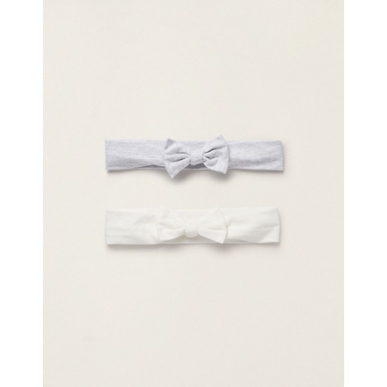 PACK 2 NEWBORN HAIR RIBBONS WITH BOW, WHITE/LIGHT GREY