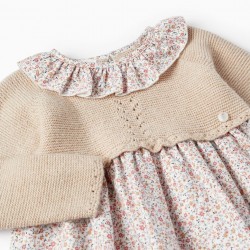 COMBINED DRESS WITH MESH AND COTTON FOR BABY GIRL 'FLORAL', BEIGE