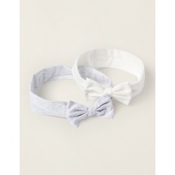 PACK 2 NEWBORN HAIR RIBBONS WITH BOW, WHITE/LIGHT GREY