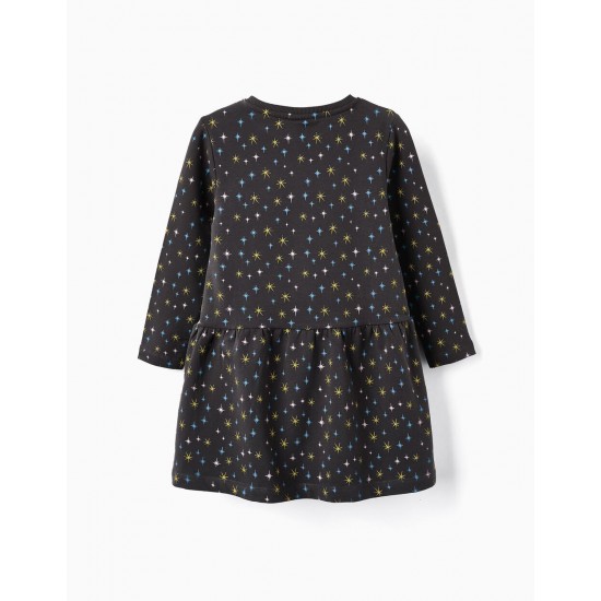 Brushed Cotton Dress With Stars For Girls, Gray