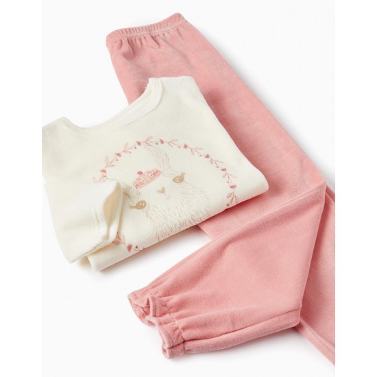 Velvet Pajamas For Girls 'Llama', White/Pink