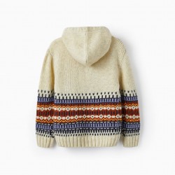 Jacquard Knit Sweater With Hood For Boy, Beige