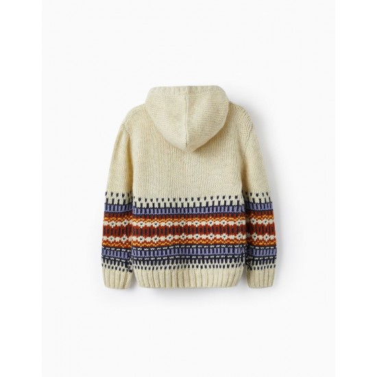 Jacquard Knit Sweater With Hood For Boy, Beige