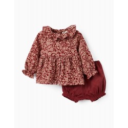 Baby Girl's Corduroy Blouse And Pants Set, Dark Red