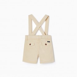BABY BOYS' COTTON DOBBY SHORTS WITH DETACHABLE STRAPS, BEIGE