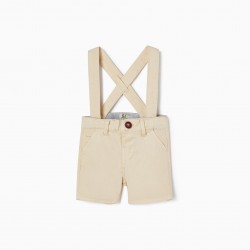 BABY BOYS' COTTON DOBBY SHORTS WITH DETACHABLE STRAPS, BEIGE