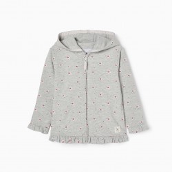 GIRLS' COTTON FLORAL HOODED JACKET, GRAY