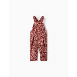 Corduroy Dungarees With Floral Print For Baby Girl, Dark Red