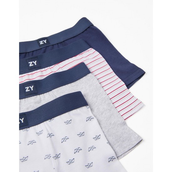 PACK 4 COTTON BOXERS FOR BOY 'STRIPES & BOATS', MULTICOLOR