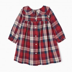 DRESS WITH CHESS IN COTTON FOR BABY GIRL, RED/DARK BLUE