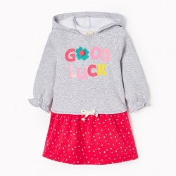 DRESS-SWEAT THERMAL EFFECT FOR BABY GIRL 'GOOD LUCK', PINK/GREY