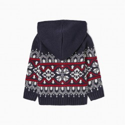 KNITTED JACKET WITH JACQUARD AND BABY BOY HOOD, DARK BLUE