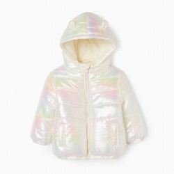 PADDED JACKET WITH POLAR LINING FOR BABY GIRL, WHITE/IRIDESCENT