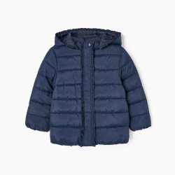 PADDED JACKET WITH POLAR LINING AND REMOVABLE HOOD FOR GIRL, DARK BLUE