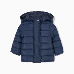 PADDED JACKET WITH POLAR LINING AND REMOVABLE HOOD FOR BABY GIRL, DARK BLUE