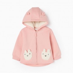 COTTON AND SHERPA HOODED JACKET FOR BABY GIRL, PINK/WHITE