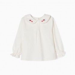 LONG SLEEVE COTTON BLOUSE WITH BABY GIRL EMBROIDERY, WHITE