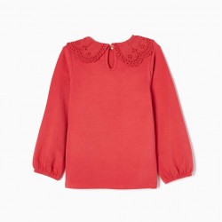 COTTON T-SHIRT WITH ENGLISH EMBROIDERY COLLAR FOR GIRL, RED