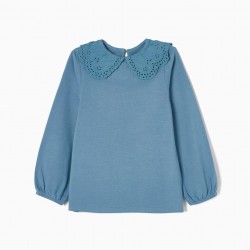 COTTON T-SHIRT WITH ENGLISH EMBROIDERY COLLAR FOR GIRL, BLUE