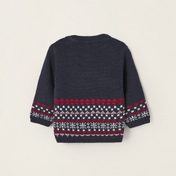 KNIT SWEATER WITH JACQUARD AND POMPOM FOR NEWBORN, DARK BLUE