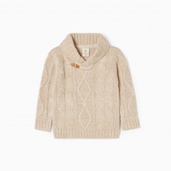 KNITTED SWEATER WITH RIBBED COLLAR FOR BABY BOY, BEIGE