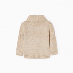 KNITTED SWEATER WITH RIBBED COLLAR FOR BABY BOY, BEIGE