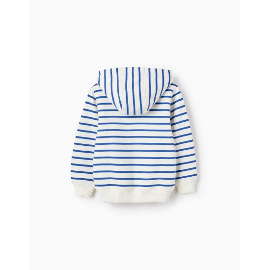 BOY'S STRIPED COTTON JACKET WITH HOOD, WHITE/BLUE
