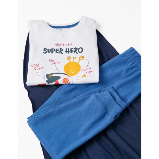 'SUPER HERO' BOYS' PAJAMAS WITH REMOVABLE CAPE, WHITE/DARK BLUE